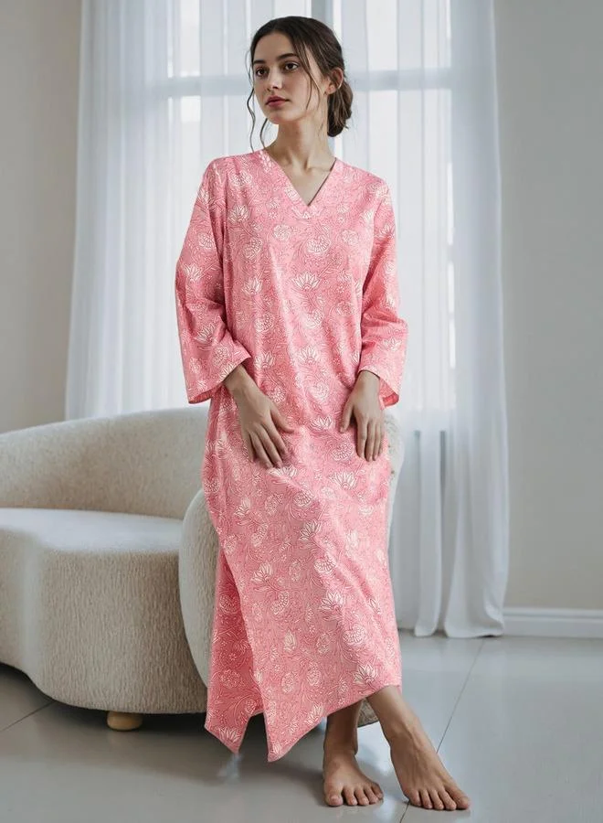 Splash FAV Floral Print Kaftan Cotton Night Dress with V-neck
