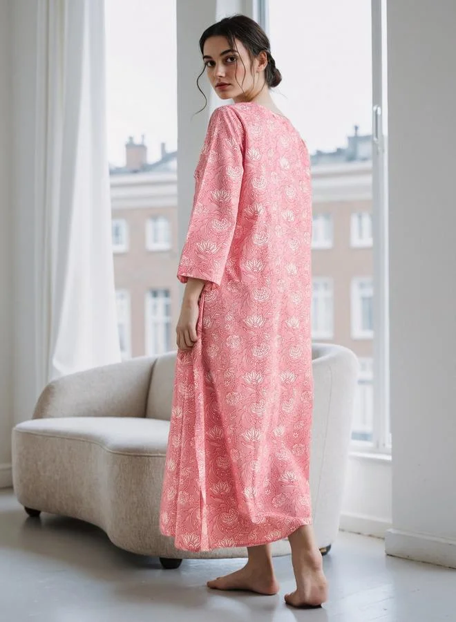 Splash FAV Floral Print Kaftan Cotton Night Dress with V-neck