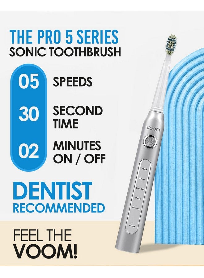 Voom Sonic Pro 5 Series Rechargeable Electronic Toothbrush, Dentist Recommended, Advanced Oral Care, 2 Minute Timer with Quadrant Pacing, 5 Adjustable Speeds, Soft Dupont Nylon Bristles, Silver - Image 2