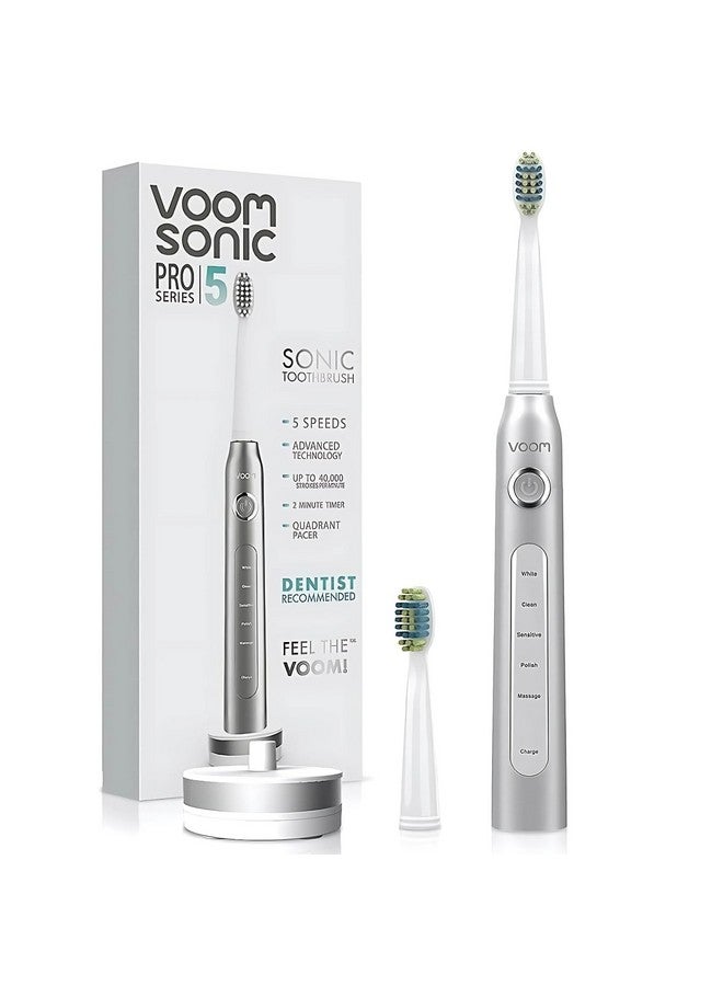 Voom Sonic Pro 5 Series Rechargeable Electronic Toothbrush, Dentist Recommended, Advanced Oral Care, 2 Minute Timer with Quadrant Pacing, 5 Adjustable Speeds, Soft Dupont Nylon Bristles, Silver - Image 1