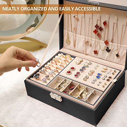 Sanikeon Jewelry Boxes for Women Girls 2 Layers leather Jewelry Organizer Case with Lock Storage Box Removable Tray for Necklace Earring Ring with Polishing Cloth and Jewelry Bags - Image 3