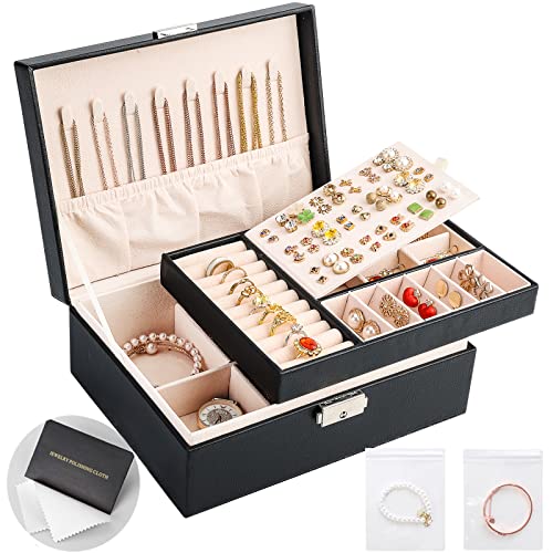 Sanikeon Jewelry Boxes for Women Girls 2 Layers leather Jewelry Organizer Case with Lock Storage Box Removable Tray for Necklace Earring Ring with Polishing Cloth and Jewelry Bags - Image 1