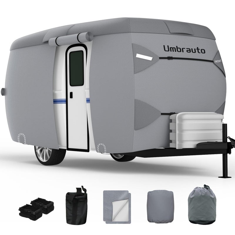 Umbrauto Fiberglass Travel Trailer Cover Fits 810 Trailers 2023 Upgraded 7 Layers Top Camper RV Cover with Windproof StrapAdhesive Repair Patches