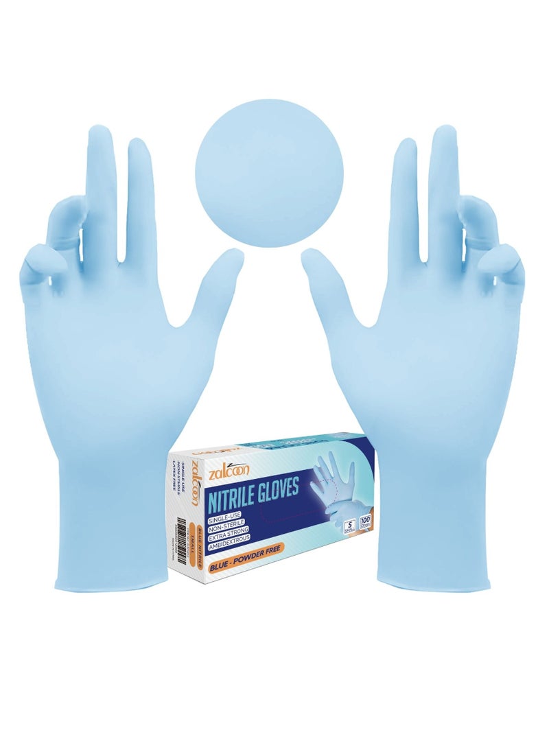 Zalcoon Zalcoon Nitrile Exam Gloves, Blue, Powder Free, Latex Free, Best for Restaurant, Saloon, Kitchen, Cleaning, Food Prep (1 Pack x 100 Pieces)  - Image 1