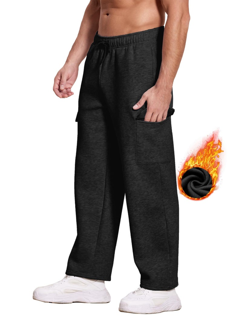 Deyeek Men's Black Fleece Cargo Sweatpants with Pockets Open Bottom Sweat Pants for Mens Winter Thick Loose Fit Lounge Pants - Image 4