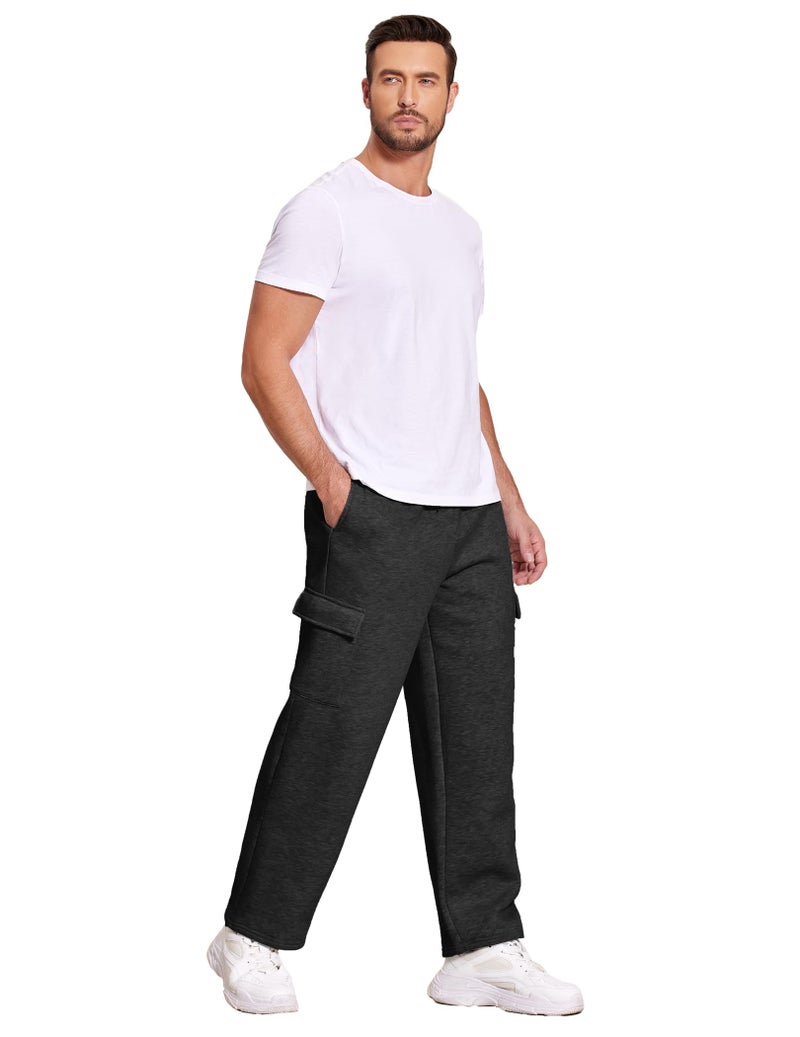Deyeek Men's Black Fleece Cargo Sweatpants with Pockets Open Bottom Sweat Pants for Mens Winter Thick Loose Fit Lounge Pants - Image 5