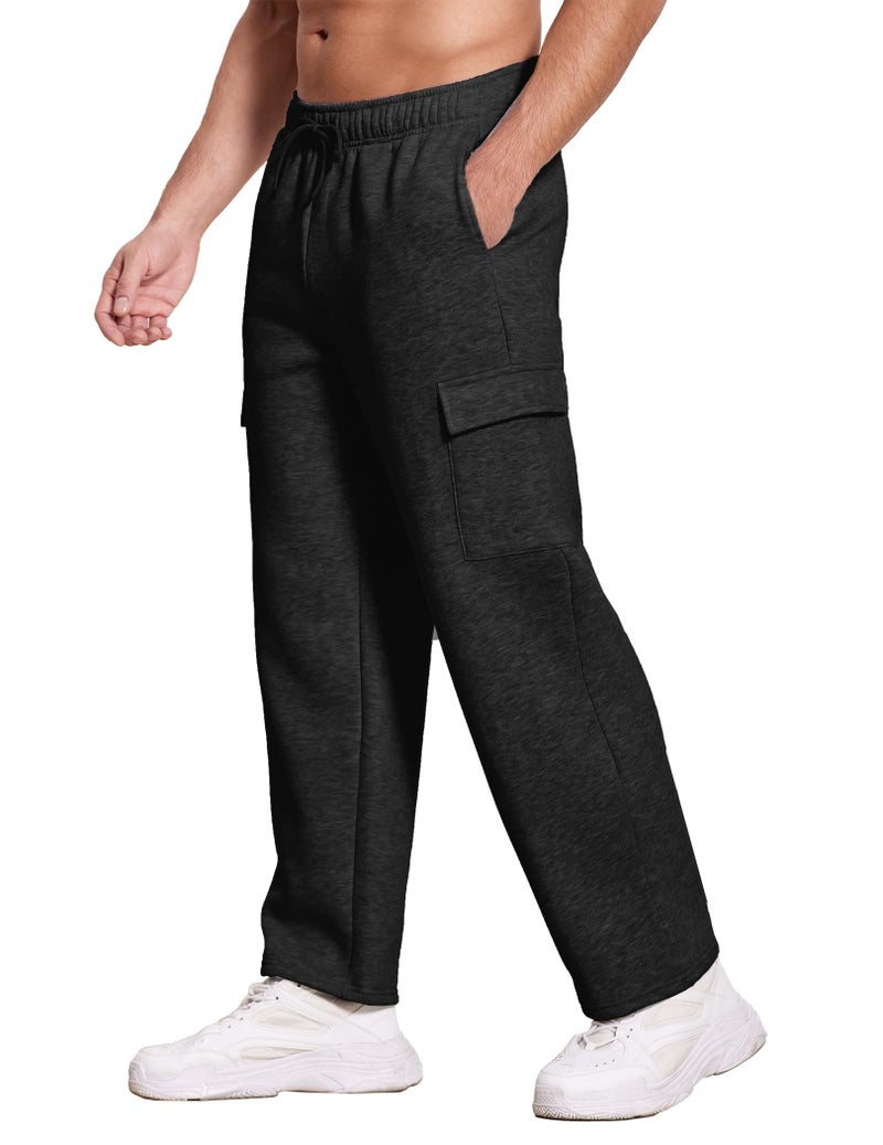 Deyeek Men's Black Fleece Cargo Sweatpants with Pockets Open Bottom Sweat Pants for Mens Winter Thick Loose Fit Lounge Pants - Image 1