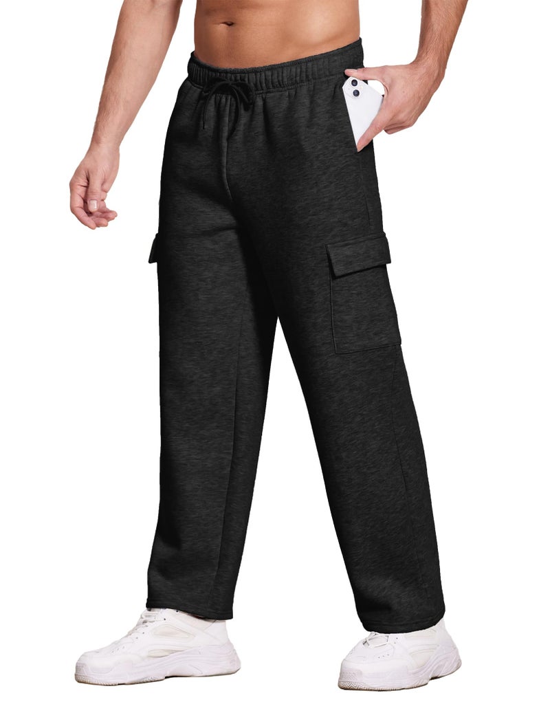 Deyeek Men's Black Fleece Cargo Sweatpants with Pockets Open Bottom Sweat Pants for Mens Winter Thick Loose Fit Lounge Pants - Image 3