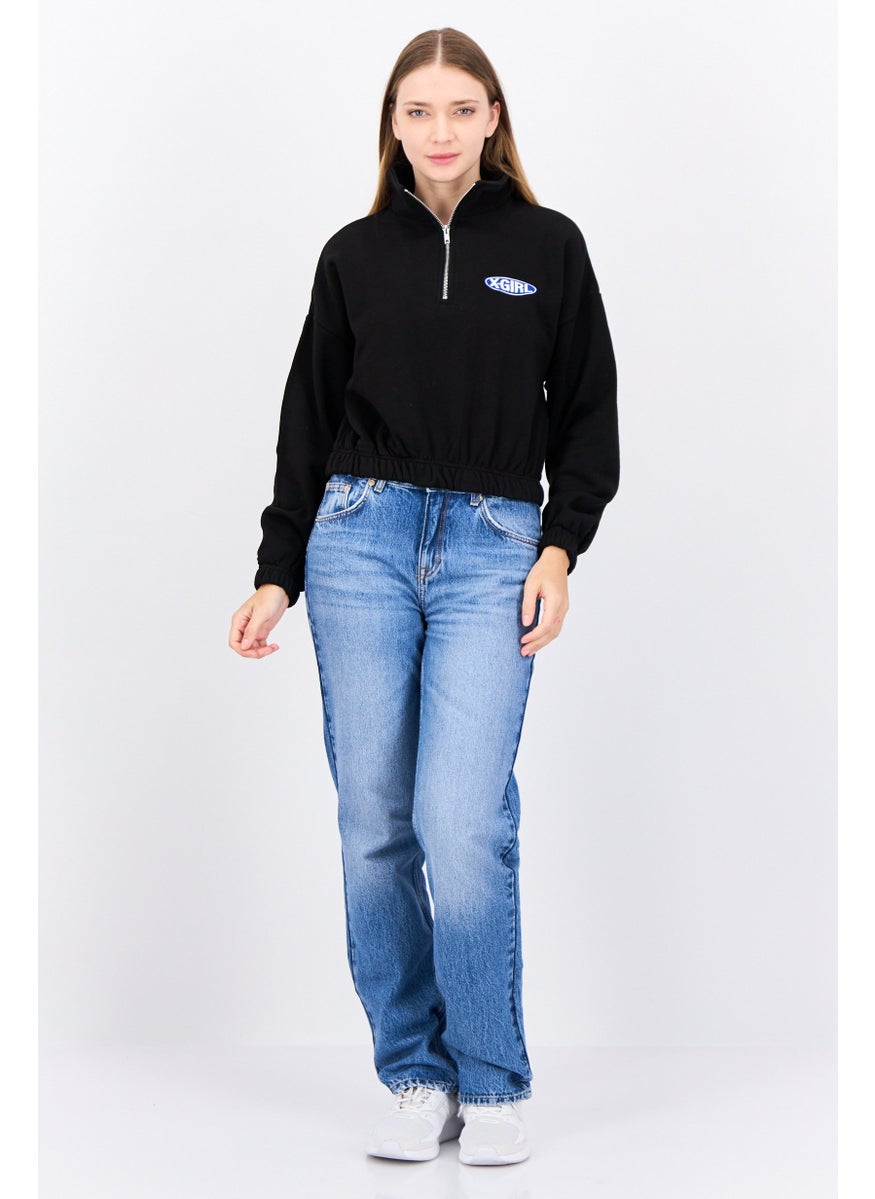 X-Girl Women High Neck Embroidered Logo Half Zip Sweatshirt, Black  - Image 4