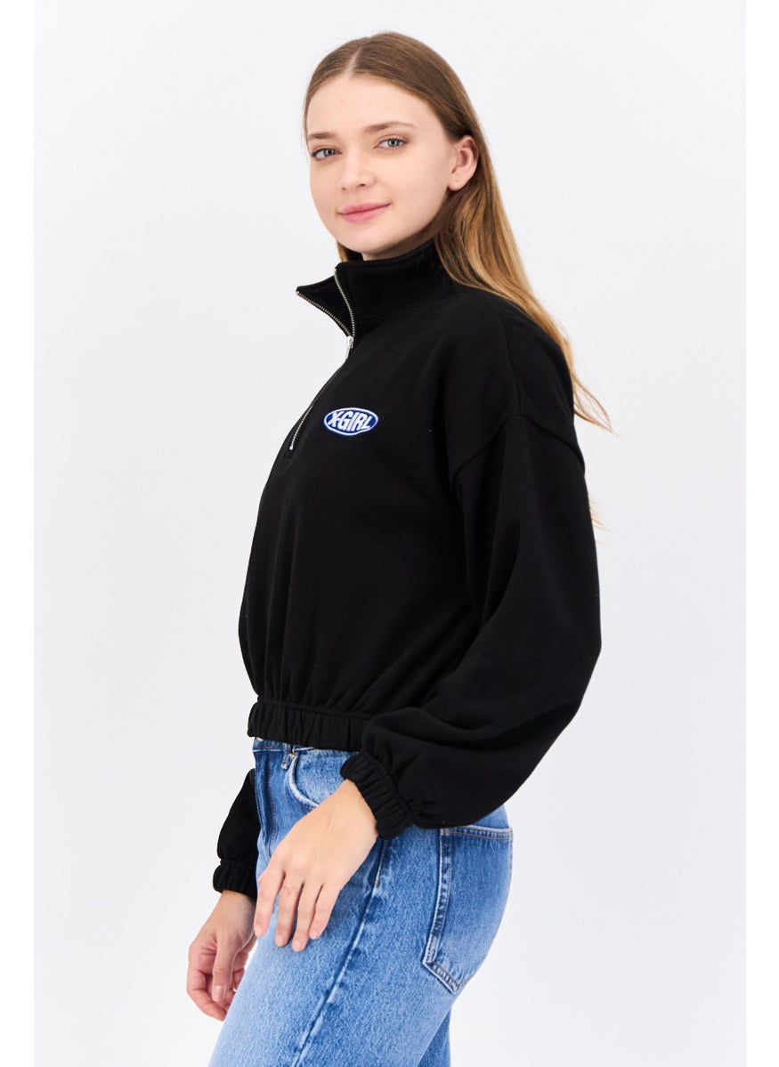X-Girl Women High Neck Embroidered Logo Half Zip Sweatshirt, Black  - Image 2