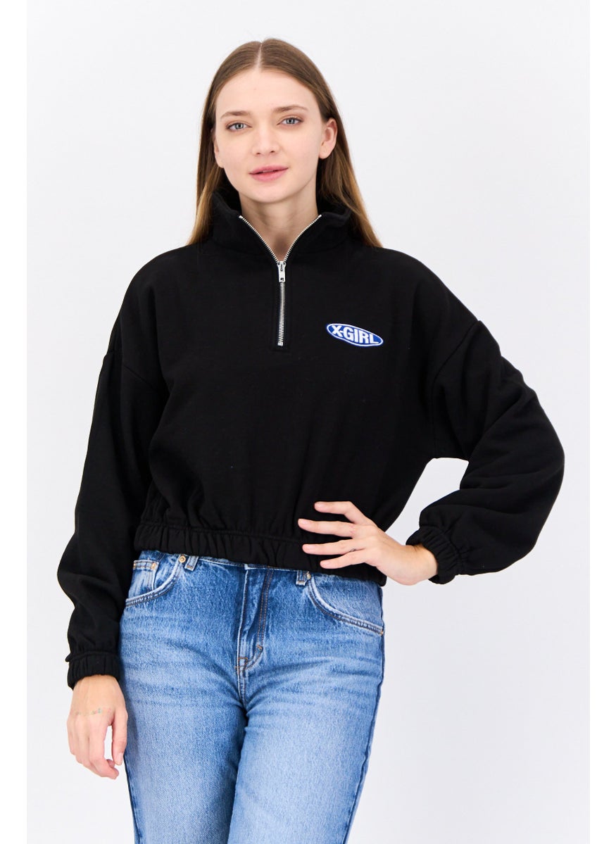 X-Girl Women High Neck Embroidered Logo Half Zip Sweatshirt, Black  - Image 1