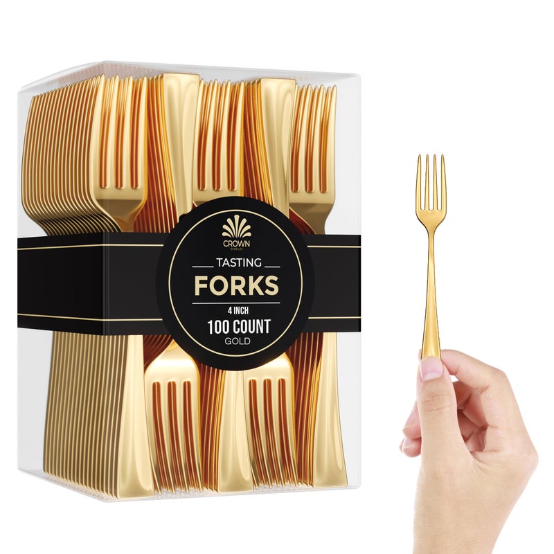 Mini Disposable Gold Forks For Desserts  Pack Of 100 Dessert Forks  Size 4 Inch  Color Gold  Real Flatware Look  BPA Free  Food Safe