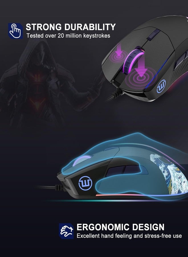 COSTOM Womier G705 USB Wired Gaming Mouse for PC Computer Windows Mac Laptop, Lightweight Silent RGB Backlit Mouse with Adjustable 12000DPI/7 Programmable Side Buttons,Black Kanagawa Theme - Image 4