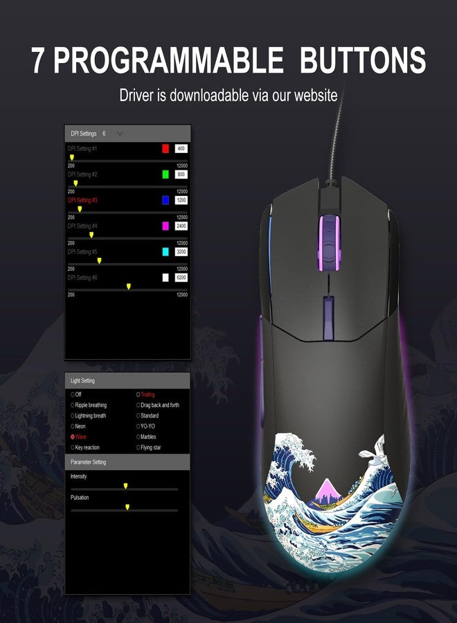 COSTOM Womier G705 USB Wired Gaming Mouse for PC Computer Windows Mac Laptop, Lightweight Silent RGB Backlit Mouse with Adjustable 12000DPI/7 Programmable Side Buttons,Black Kanagawa Theme - Image 5
