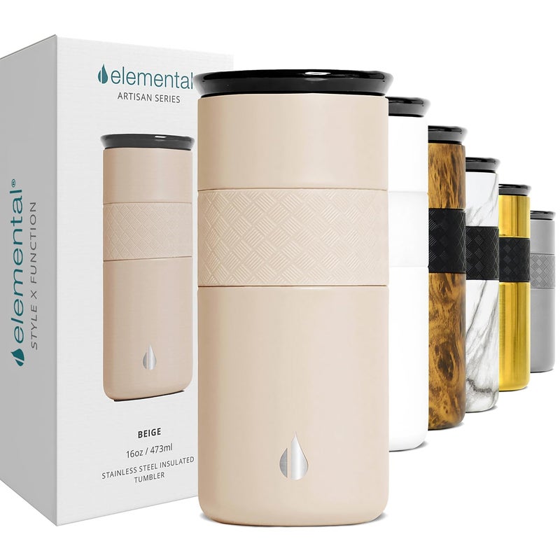 Elemental Artisan Insulated Tumbler  Triple Wall Coffee Travel Tumbler  Reusable Stainless Steel Coffee Tumbler with Ceramic Lid  Thermal Coffee Cup for Hot (6 Hrs) & Cold (18 Hrs)  16oz - Beige - Image 1