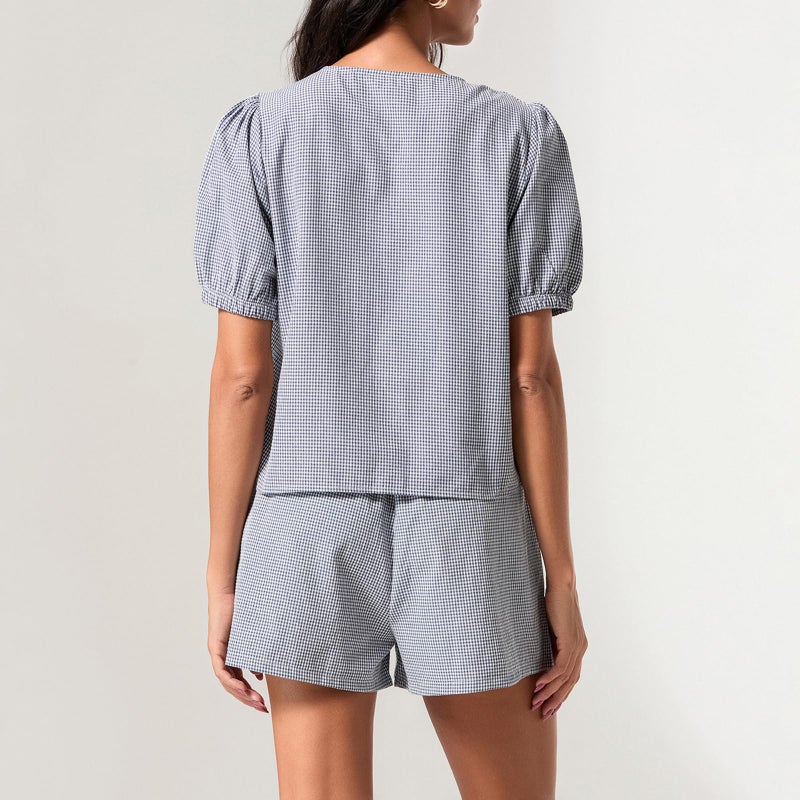Yuemengxuan Women Y2k Peplum Shirt Shorts Set Two Piece Lounge Set Pajamas Sets Puff Sleeve Tie Front Top 2pcs Pj Outfits (Blue #ruy7, M) - Image 5