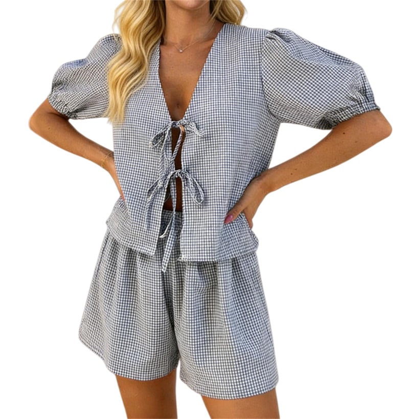 Yuemengxuan Women Y2k Peplum Shirt Shorts Set Two Piece Lounge Set Pajamas Sets Puff Sleeve Tie Front Top 2pcs Pj Outfits (Blue #ruy7, M) - Image 1