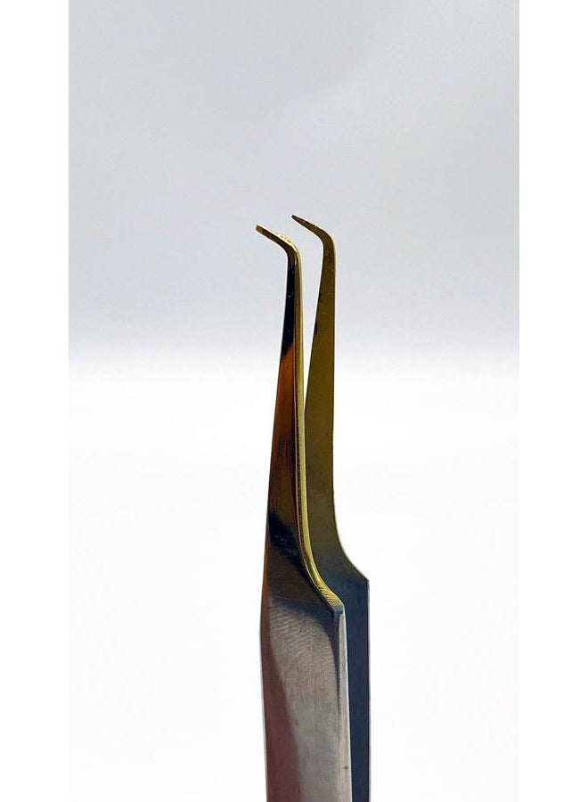 Alluring Chrome with Gold Tip Tweezers for Eyelash Extension - 90 Deg Short tips - Image 2