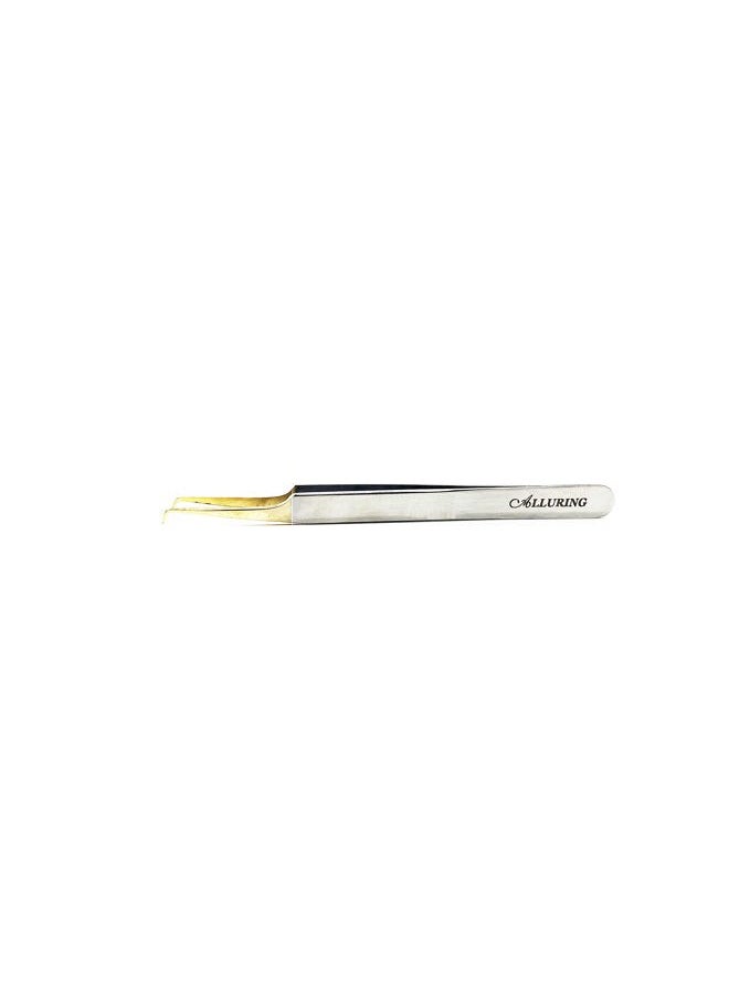 Alluring Chrome with Gold Tip Tweezers for Eyelash Extension - 90 Deg Short tips - Image 1