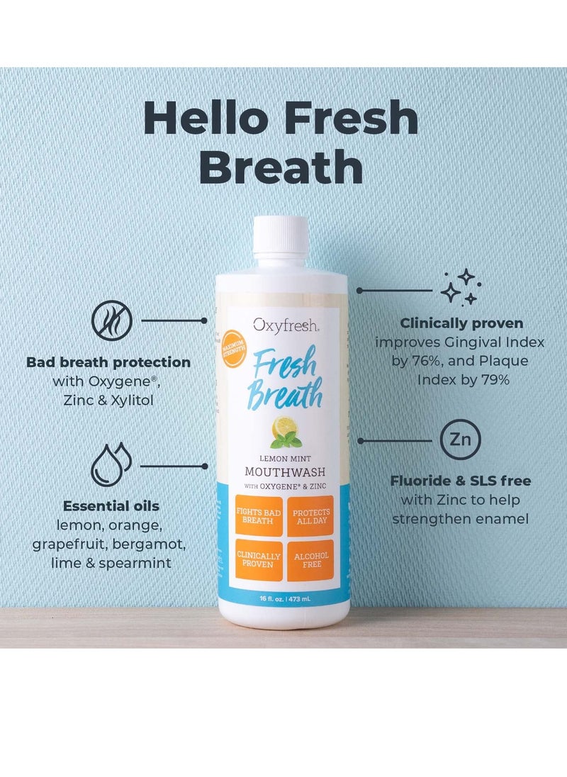Oxyfresh - Oxyfresh Premium Lemon Mint Fresh Breath Mouthwash – Oral Rinse for Bad Breath – SLS & Fluoride Free Mouthwash – Alcohol Free, Gentle Non Burning Mouthwash with Xylitol & Essential Oils, 16 oz - Image 1
