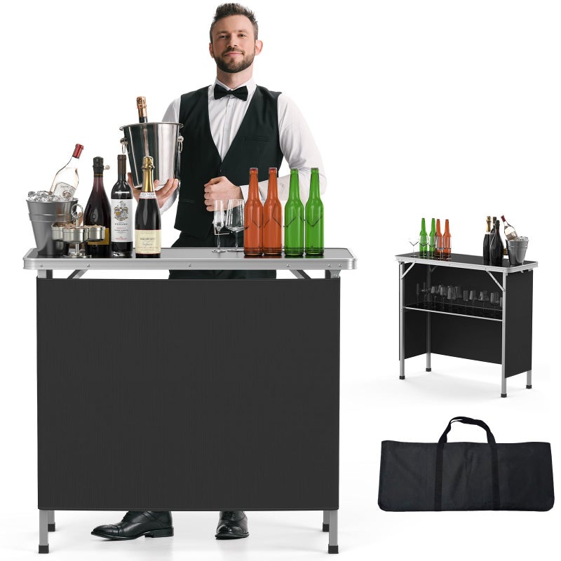 VINGLI Portable Bar Table 2Tier Shelves Mobile Bar Table for Events Party Camping Picnic Tradeshow Indoor with Black Skirt 39 L x 34 H