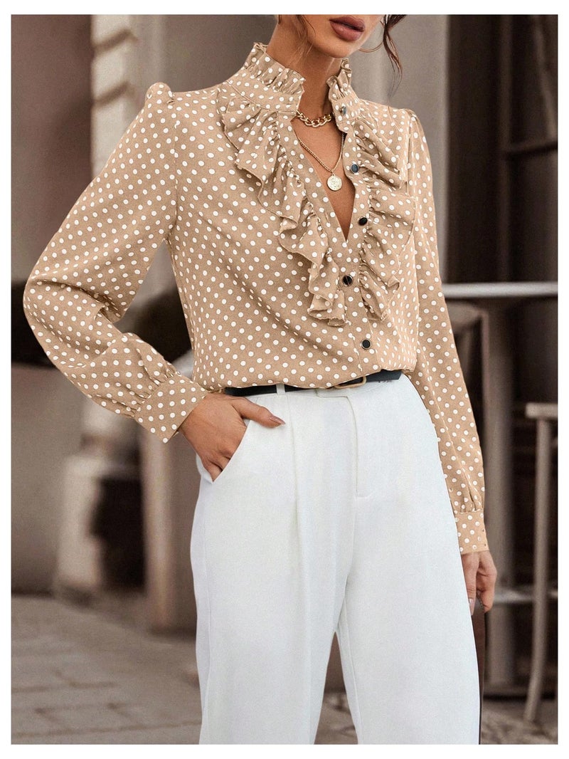 Floerns Women's Ladies Polka Dots Long Sleeve Ruffle Button Down Business Dressy Casual Office Shirts Blouses Tops Apricot Small - Image 5