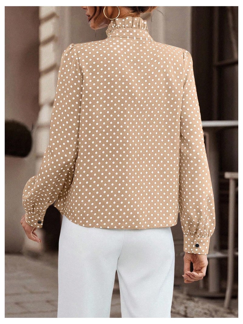 Floerns Women's Ladies Polka Dots Long Sleeve Ruffle Button Down Business Dressy Casual Office Shirts Blouses Tops Apricot Small - Image 3