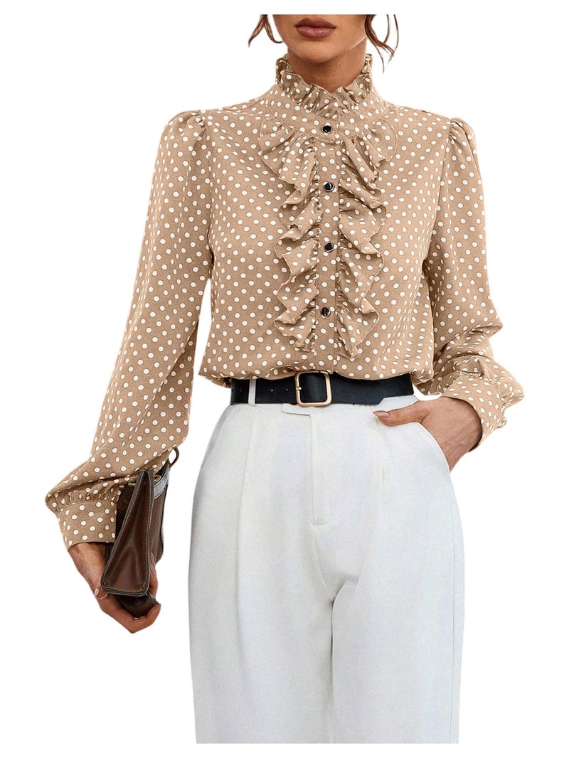 Floerns Women's Ladies Polka Dots Long Sleeve Ruffle Button Down Business Dressy Casual Office Shirts Blouses Tops Apricot Small - Image 1