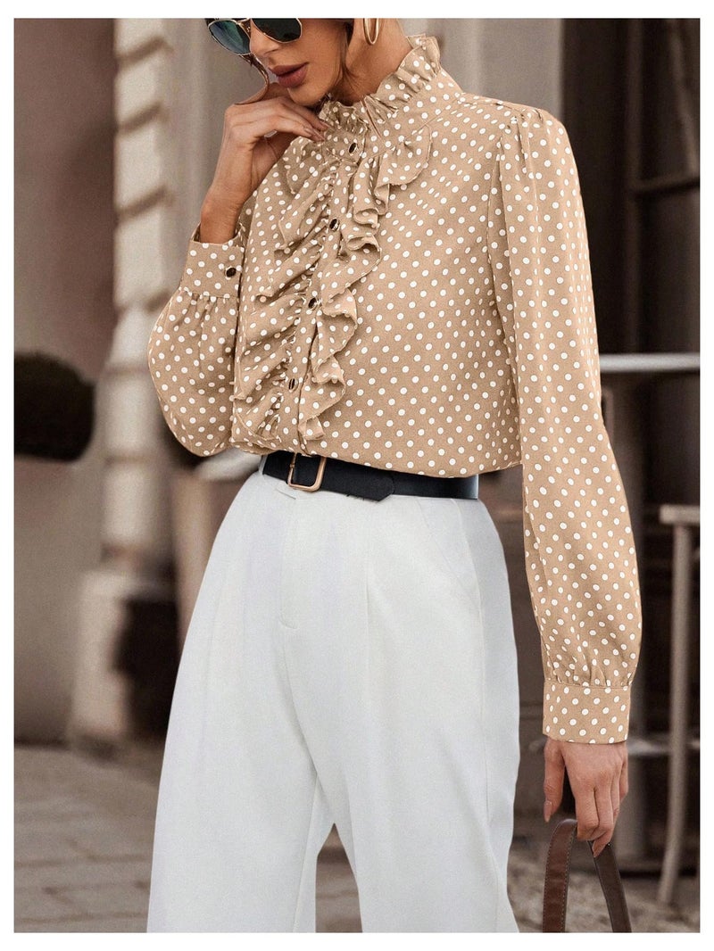 Floerns Women's Ladies Polka Dots Long Sleeve Ruffle Button Down Business Dressy Casual Office Shirts Blouses Tops Apricot Small - Image 4