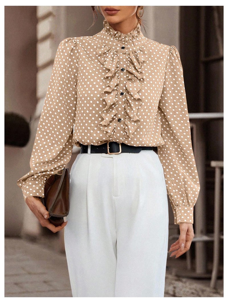 Floerns Women's Ladies Polka Dots Long Sleeve Ruffle Button Down Business Dressy Casual Office Shirts Blouses Tops Apricot Small - Image 2