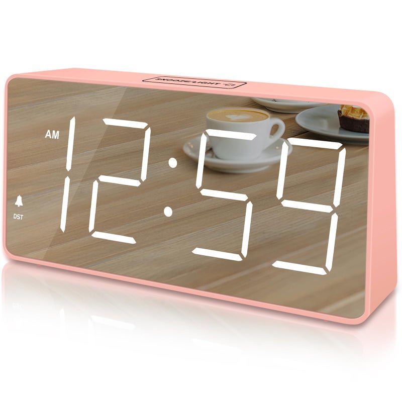 Peakeep Digital Clock Alarm Clock Battery Backup Powered for Bedrooms Mirror Face Large Numbers 6 Dimmers for Seniors Super Loud for Heavy Sleepers Pink