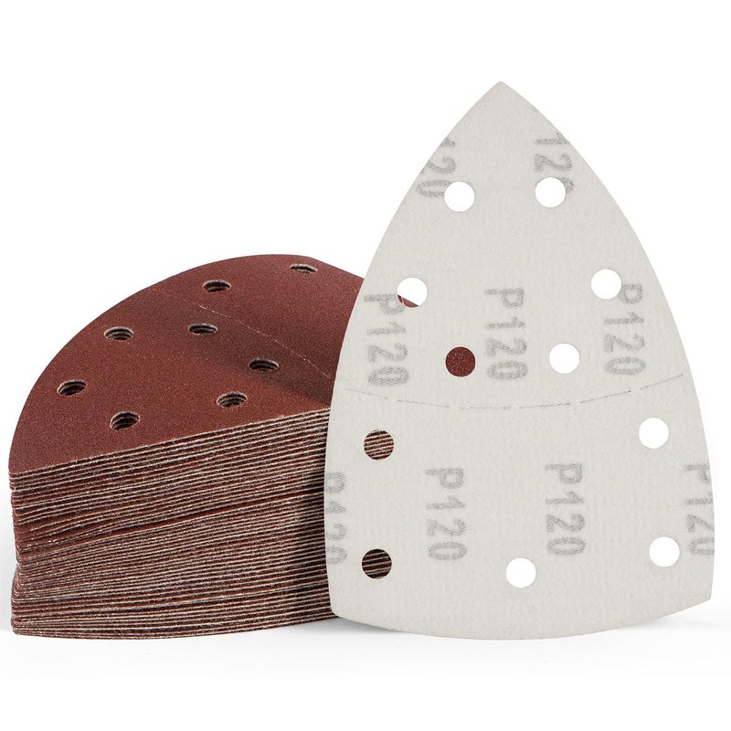 S SATC 50 PCS Mouse Sander Sandpaper 11 Holes 120 Grit Detail Sander Sandpaper Palm Sander Paper Hook and Loop Sander Pads Triangular Sanding Sheets - Image 1