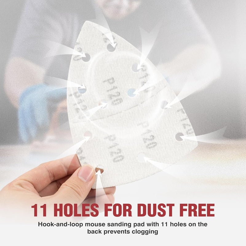 S SATC 50 PCS Mouse Sander Sandpaper 11 Holes 120 Grit Detail Sander Sandpaper Palm Sander Paper Hook and Loop Sander Pads Triangular Sanding Sheets - Image 4