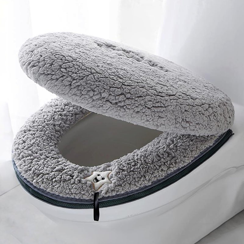 Toilet Seat Warmer Cover Toilet Lid Cover Grey Toilet Seat Covers for Bathroom with Zipper Handle Plush Thicker Washable