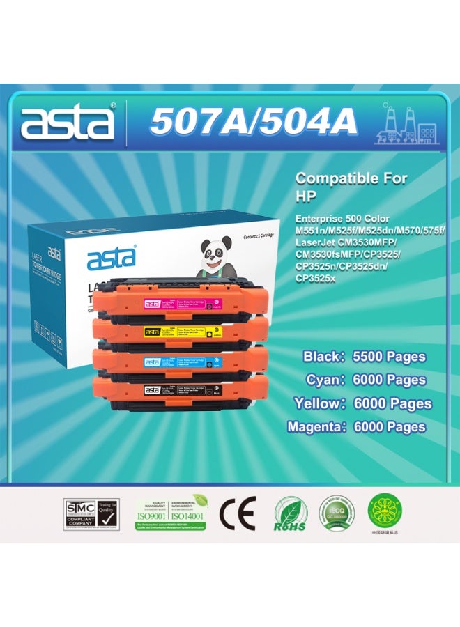 ASTA 507A CE400A CE401A CE402A CE403A 504A CE250A CE251A CE252A CE253A With Chip Colorful Complete Set Toner Cartridge Universal Compatible For HP Enterprise 500 Color  M551n M525f M525dn M570 M575f LaserJet CM3530MFP CM3530fsMFP CP3525 CP3525n CP3525dn CP3525x Low Energy Consumption High Efficiency Print Great for Home Office - Image 1