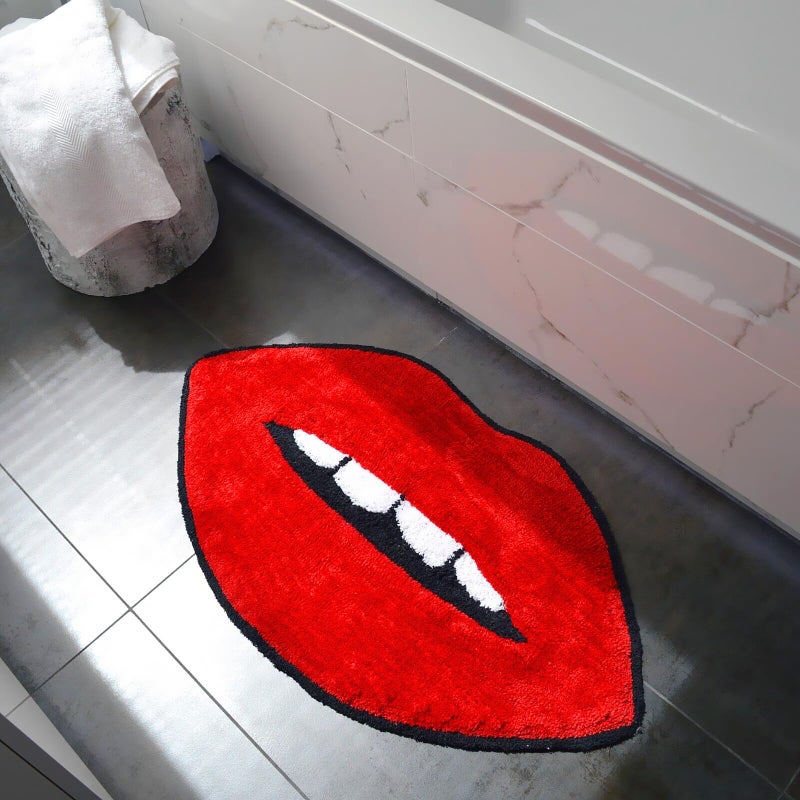 UKELER Red Lip Bath Mat for Bathroom Cool Decorative Kids Bedroom Rugs Non-Slip Washable Cute Bathroom Rugs Accent Small Area Rug for Girls Funny Absorbent Shower Rug 35''?20'' - Image 1