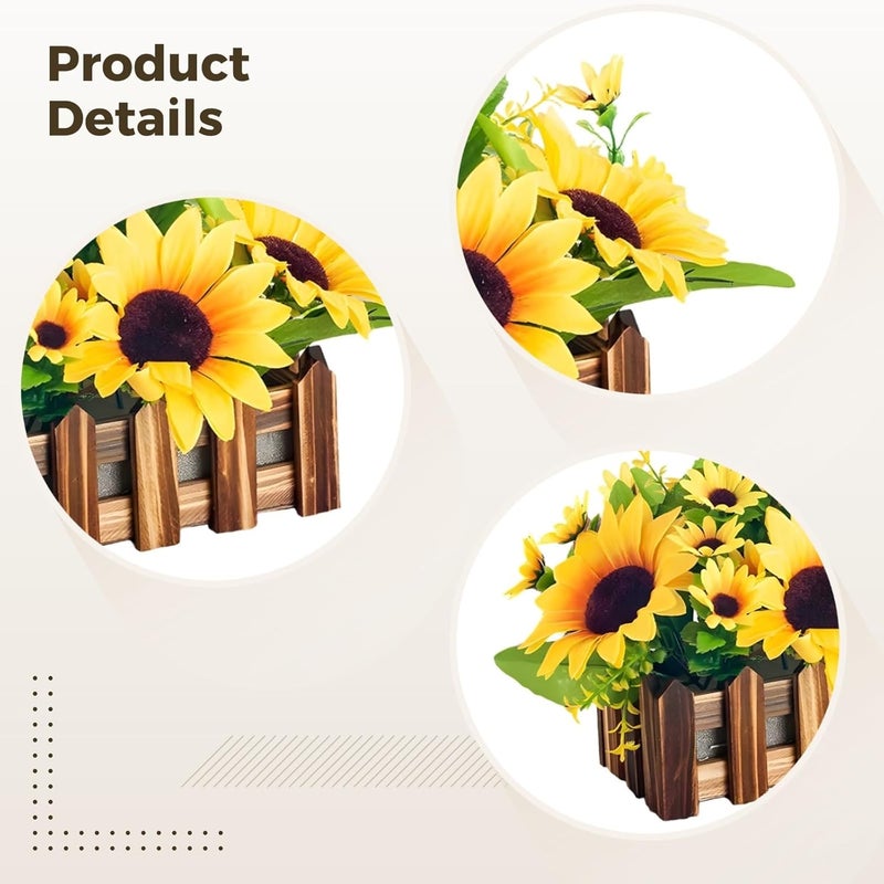 Faux Sunflower Arrangement Set - 2 Pcs of 6.3 in Sunflower Plants with Wooden Planter - Image 2