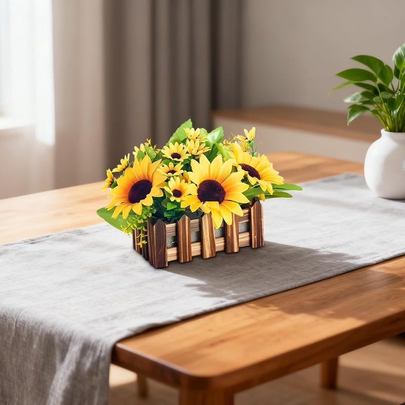 Faux Sunflower Arrangement Set - 2 Pcs of 6.3 in Sunflower Plants with Wooden Planter - Image 3