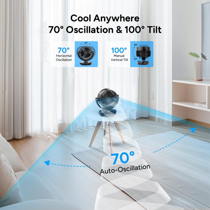 Dr. Prepare DR.PREPARE Oscillating Air Circulator Fan for Bedroom, 11.3â€ Height Powerful Table Fan, 70Â° Auto-Oscillating, 100Â° Adjustable Tilt, 3 Speeds, Efficient Cooling & Circulation for Home, Kitchen, Office - Image 3