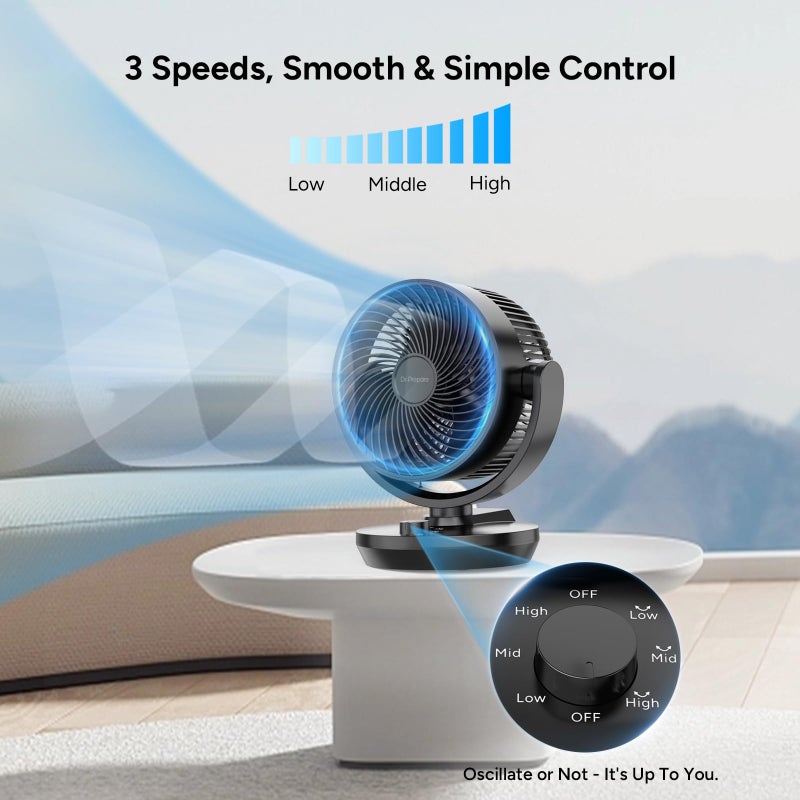 Dr. Prepare DR.PREPARE Oscillating Air Circulator Fan for Bedroom, 11.3â€ Height Powerful Table Fan, 70Â° Auto-Oscillating, 100Â° Adjustable Tilt, 3 Speeds, Efficient Cooling & Circulation for Home, Kitchen, Office - Image 4