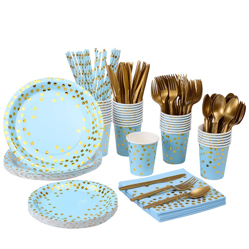 YAOSHENG 201-Piece Blue Party Supplies Set - Disposable Paper Dinnerware Serves 25 - Gold Dot Blue Paper Plates  Napkins  Cups & Plastic Silverware Sets for Wedding  Baby Shower & Holiday Parties - Image 1