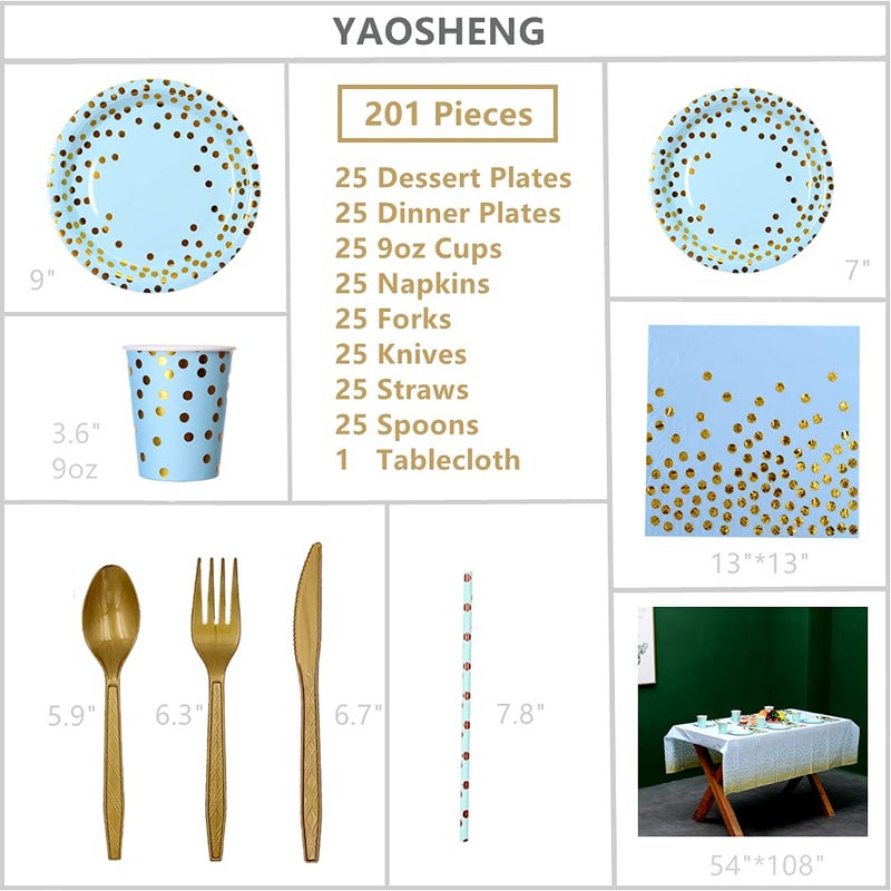 YAOSHENG 201-Piece Blue Party Supplies Set - Disposable Paper Dinnerware Serves 25 - Gold Dot Blue Paper Plates  Napkins  Cups & Plastic Silverware Sets for Wedding  Baby Shower & Holiday Parties - Image 2
