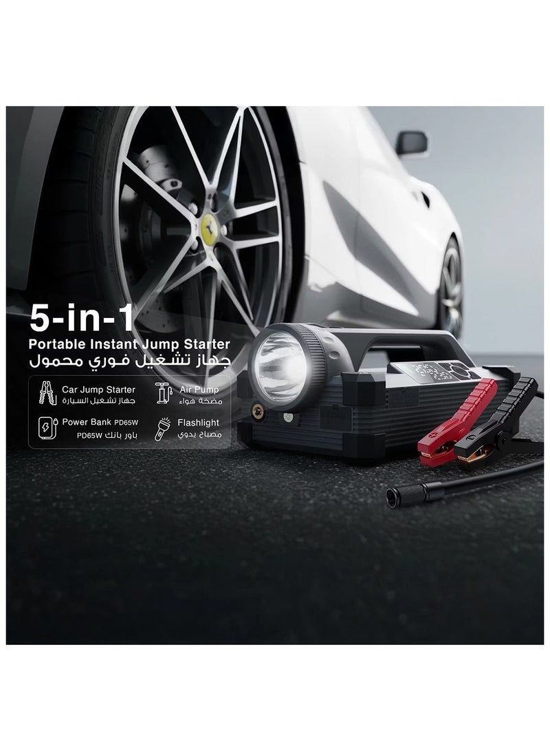 BlueFire Jump Starter with Built-in Air Pump, 24000mAh Portable Car Battery Booster, 2000–6000A Peak Current, Smart Jump Clamps, Digital Display, 150 PSI Tire Inflator, PD 65W Fast Charging Power Bank, LED Flashlight, Emergency Vehicle Starter, Black - Image 2