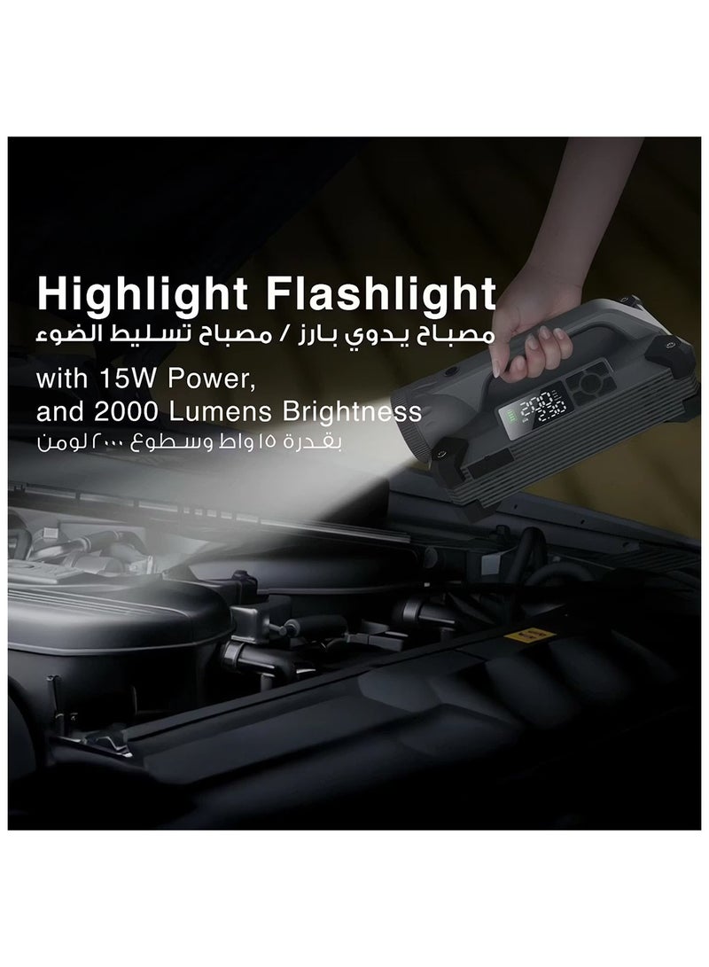 BlueFire Jump Starter with Built-in Air Pump, 24000mAh Portable Car Battery Booster, 2000–6000A Peak Current, Smart Jump Clamps, Digital Display, 150 PSI Tire Inflator, PD 65W Fast Charging Power Bank, LED Flashlight, Emergency Vehicle Starter, Black - Image 3