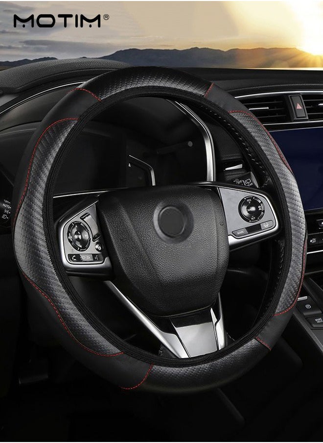 Motim Carbon Fiber Leather Car Steering Wheel Cover, Non-Slip Breathable Wear-Resistan Steering Wheel Covers,  Fit for Most Car, Trucks, SUV, 15 Inch Universal (Black)  - Image 1