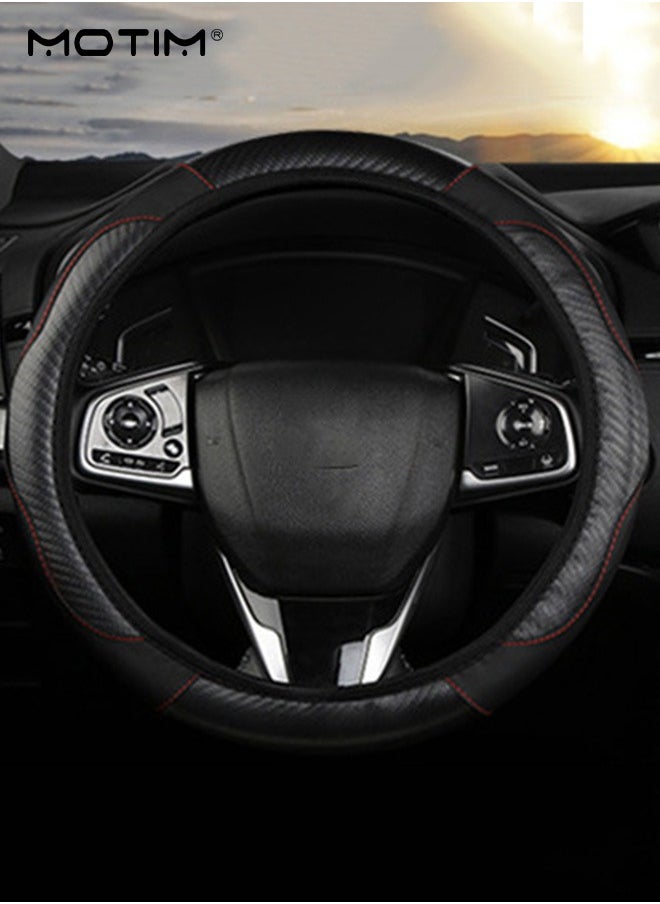Motim Carbon Fiber Leather Car Steering Wheel Cover, Non-Slip Breathable Wear-Resistan Steering Wheel Covers,  Fit for Most Car, Trucks, SUV, 15 Inch Universal (Black)  - Image 2