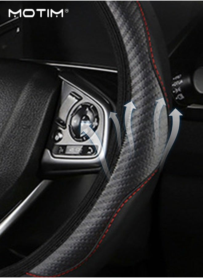 Motim Carbon Fiber Leather Car Steering Wheel Cover, Non-Slip Breathable Wear-Resistan Steering Wheel Covers,  Fit for Most Car, Trucks, SUV, 15 Inch Universal (Black)  - Image 4