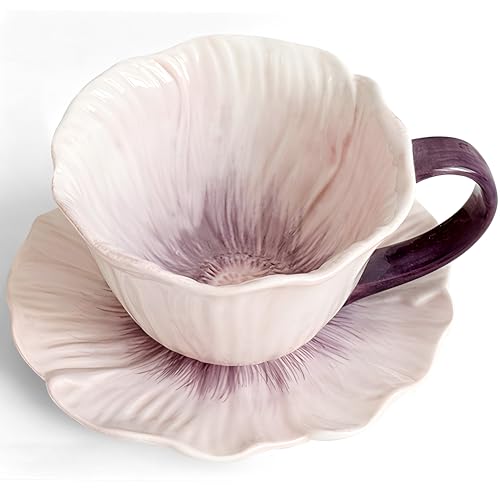 JUSONEY 10 oz Tea Cups and Saucers, Ceramic Flower-shaped Cappuccino Cup, Latte Cup and Saucer set, elegant floral Espresso Cup set, cups are microwave and dishwasher safe-Purple - Image 1
