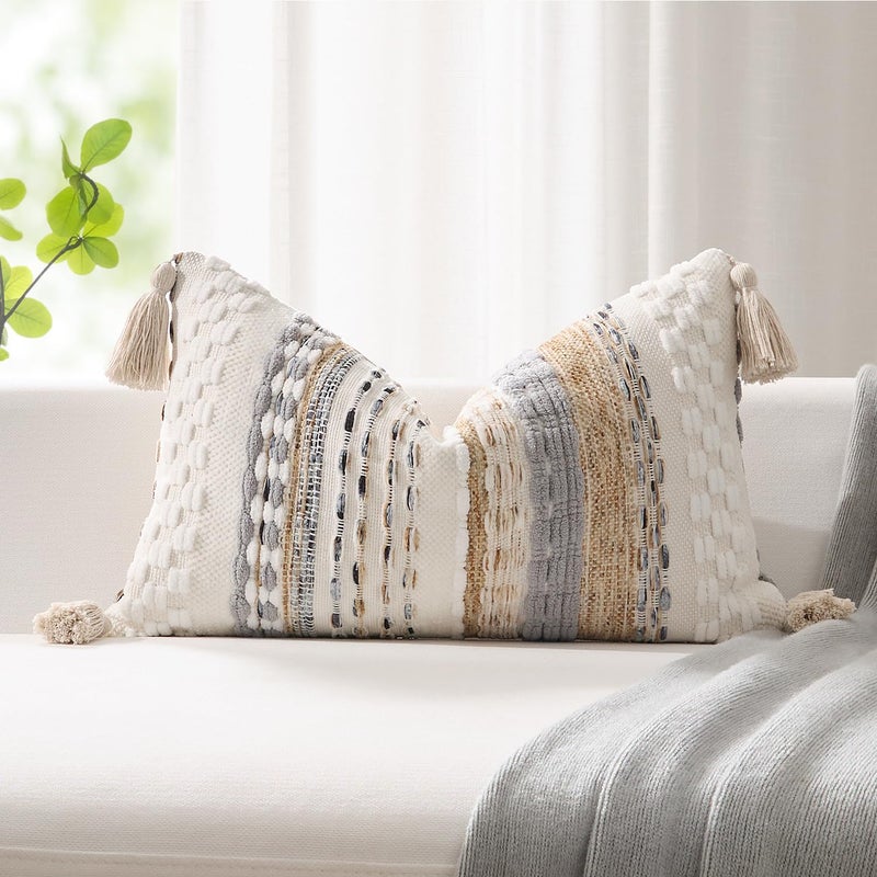 K KEVIN TEXTILE Kevin Textile Spring 12x20 Inch Lumbar Throw Pillow Cover 1 Pack Boho Decorative Soft Chenille Thread Woven Tufted Textured Rectangle Cushion Case Accent for Living Room Couch Sofa Bed Beige - Image 2