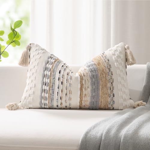 K KEVIN TEXTILE Kevin Textile Spring 12x20 Inch Lumbar Throw Pillow Cover 1 Pack Boho Decorative Soft Chenille Thread Woven Tufted Textured Rectangle Cushion Case Accent for Living Room Couch Sofa Bed Beige - Image 1